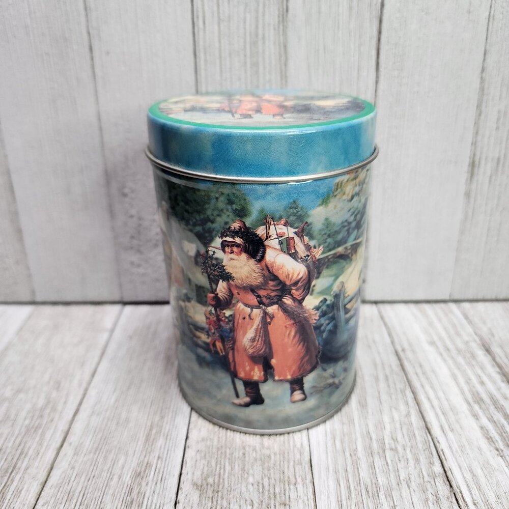 Vintage Christmas Holiday Nesting Tin Container Metal Storage Round 5'' Tall
